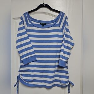 Lauren Ralph Lauren Striped Ruched Side Top XL Blue White Drawstring.